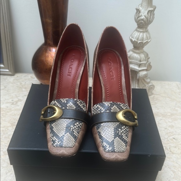Coach Women's Snakeskin Heels - Brown and Black with Gold Buckle. 3.5 inch heel. - Picture 1 of 7